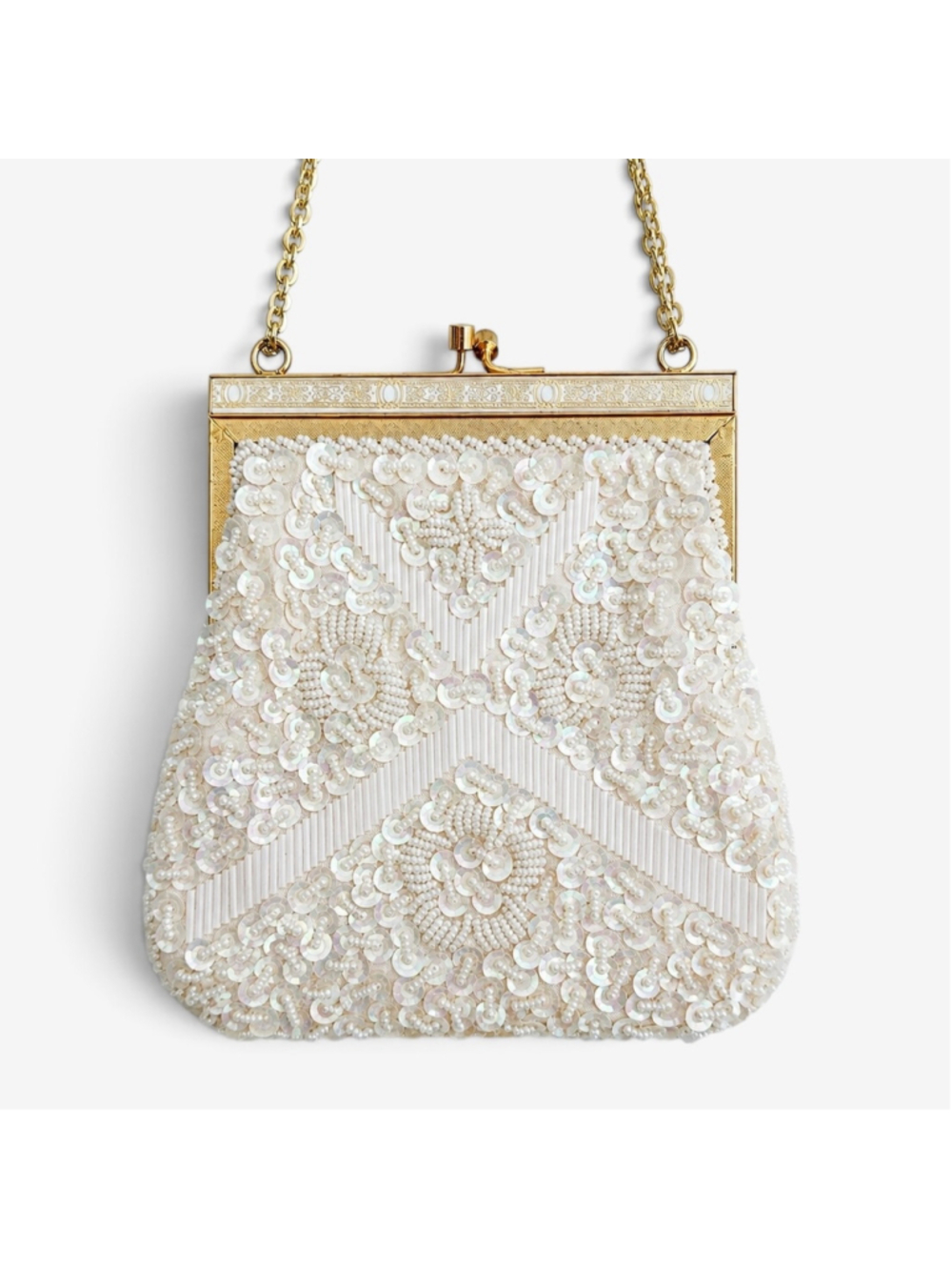 Vintage Hong Kong Beaded Wedding Purse, Ivory Pearl Sequin Evening Bag, Bridal